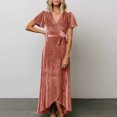 thumbnail image 4 of Gspmoly Robes d'Été pour Femmes, Mode Femme Aguichant d'Été à Rayures Col en V Manches Courtes Couleur Unie Fête Formelle Longue Robe Robes de Cocktail Économies, 4 of 8