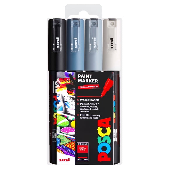 Uni POSCA - Marqueurs de Peinture d'Art PC-1 m - Ensemble de 4 - en Portefeuille Plastique - Tons Gris