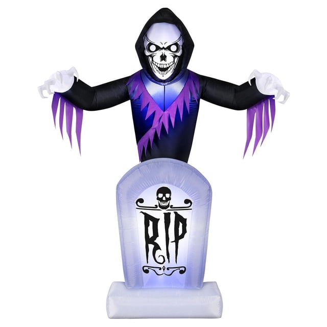 Occasions Halloween Pierre Tombale Gonflable Animée de 8 Pieds Reaper avec Figurine à Capuchon Noire et Violette et Mains Squelettiques Blanches Se Tendant vers l'Avant derrière une Pierre Tombale Lumineuse Marquée d'Un Crâne et d'Une Déchirure, Conçue pour une Installation Extérieure Facile et une Décoration d'Halloween dans la Cour.