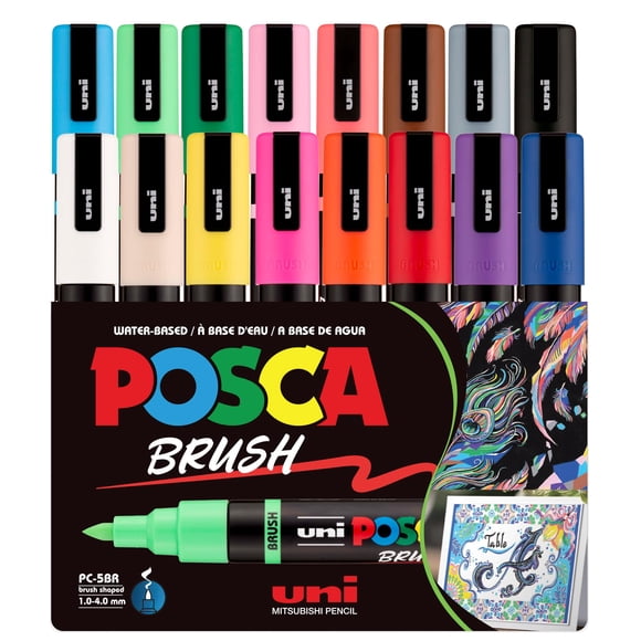 POSCA PC-5BR Water-Based Paint Markers, Reversible Brush Tip (1.0-4.0mm), Assorted Colors, 16 pack