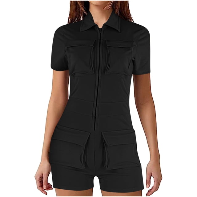 LOVZFMLL Combinaison de Travail à Poches Zippées pour Femmes, Col à Revers, Shorts, Combinaison Serrée, Noir G