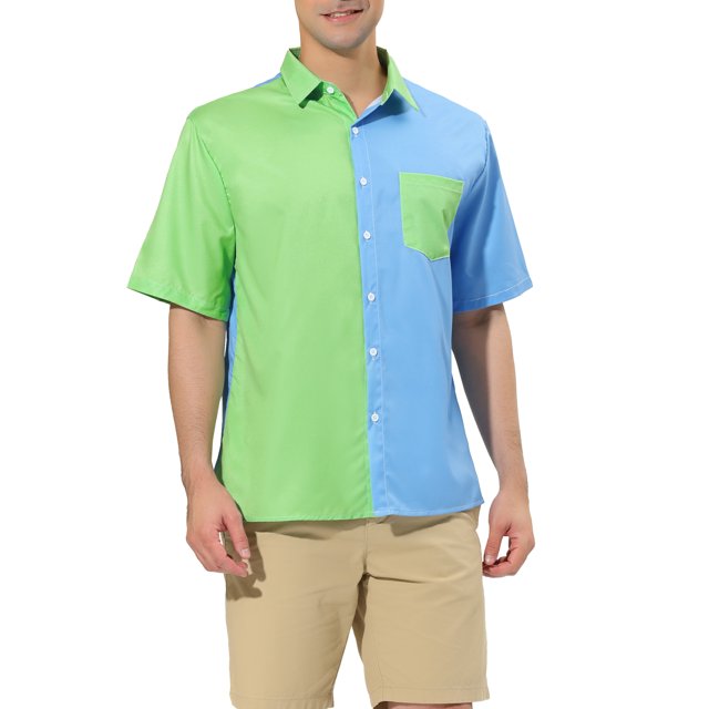 Chemises pour Hommes Lars Amadeus à Manches Courtes d'Été en Coton Patchwork à Boutons m Bleu Vert