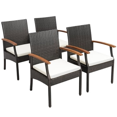 Costway 4PCS Patio PE Wicker Chairs Acacia Wood Armrests with Soft Zippered Cushion Balcony