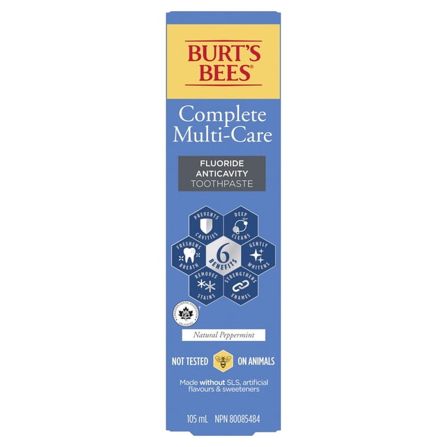 Burt's Bees Toothpaste Complete Multi Care natural source flavour in a blue rectangular box with yellow top, featuring fluoride anticavity formula and six benefits: prevents cavities, deep cleans, gently whitens, strengthens enamel, removes stains, freshens breath, made without SLS, artificial flavours, and sweeteners, not tested on animals, 105 mL.