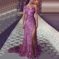 thumbnail image 2 of WTXUE Robes d'Été pour Femmes, Robe de Bal à Paillettes pour Femmes, Robe de Soirée Dorée pour Demoiselle d'Honneur à Col en V Longue, Robe Grande Taille, Robe Violette (Violet 4TG), 2 of 6
