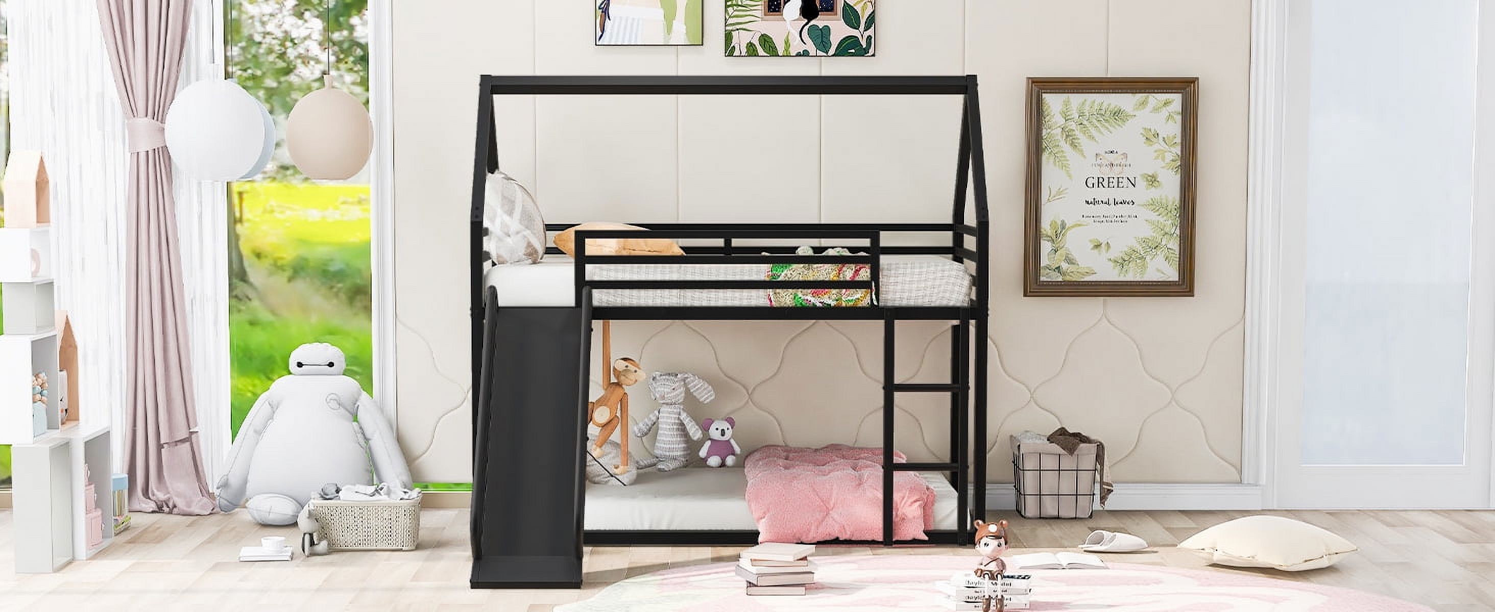 Noble House Twin over Twin House Bunk Bed with Ladder and Slide,Black