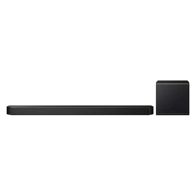 Samsung Q Series 5.1.2 Channel Dolby Atmos Soundbar with Spacefit Sound Pro (HWQ800F) featuring a slim black soundbar with mesh speaker grilles on each end and a compact black subwoofer, delivering wireless Dolby Atmos surround sound and AI-calibrated SpaceFit Sound for immersive home theatre audio, also ideal for enhancing gaming sound experiences.