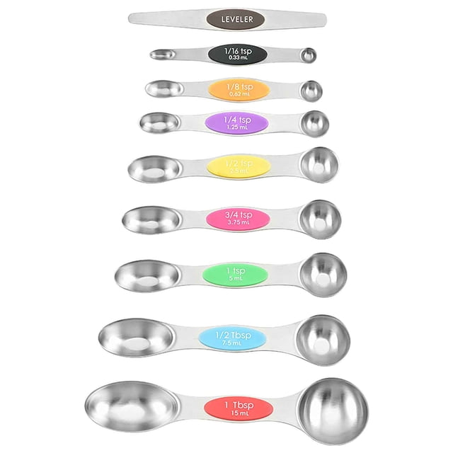 Suncoda Double End Measuring Spoon set featuring magnetic, double-headed stainless steel spoons with colourful handles. Includes 1/16 tsp to 1 tbsp measurements, a scraper blade, and stackable design for dry and liquid ingredients. Ideal for spices, sugar, oil, and coffee.