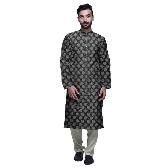 Atasi Mandarin Collar Printed Satin Slub Traditional Kurta Set For Men