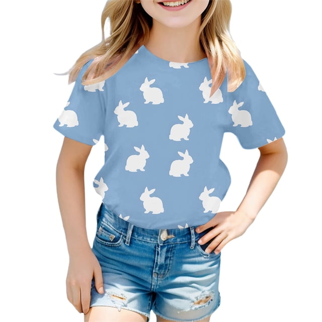 PMVFHDE Tenue de Pâques Fille T-Shirt Graphique de Pâques / Imprimé Lapin et Oeuf Manches Courtes Col Ras du Cou / T-Shirt de Fête en Coton Doux pour Tout-Petit / Tenue Décontractée Printemps Été Bleu, 4-5 Ans