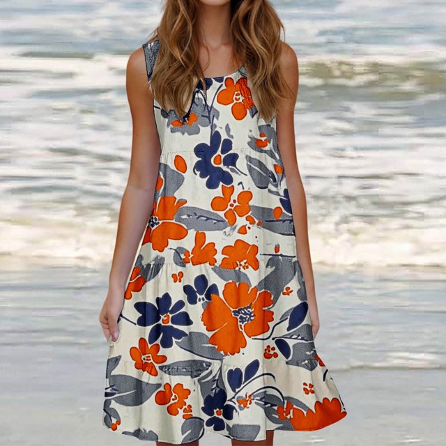 Ovzne Robes d'Été pour Femmes 2025 Robe de Plage Mode pour Femmes Vacances Été Couleur Unie Sans Manches Robe de Fête de Plage Grande Taille Robe Maxi Imprimée Liquidation