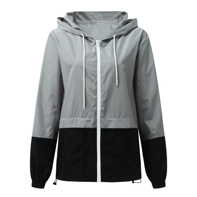 Faithtur Women Packable Rain Jacket Outdoor Color Block Hooded Windbreaker