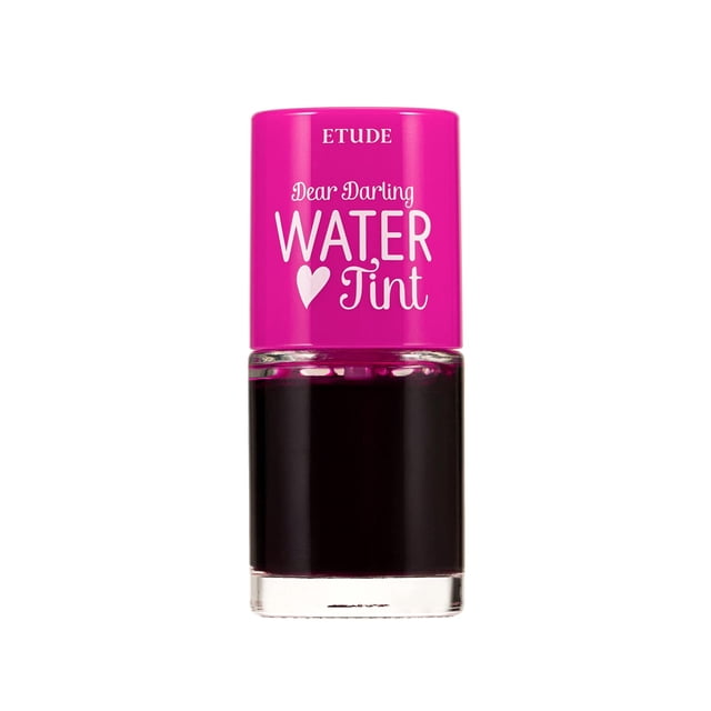 ETUDE Dear Darling Water Tint Strawberry Ade (21AD) | Bright Vivid Color Lip Tint with Moisturizing Pomegranate & Grapefruit Extract to Hydrate your Lips. Centered front view of a slim translucent tube with clear cap showing cherry-red water-tint liquid, doe-foot applicator angled to reveal tip and visible product text on white background; lightly dab center of lip for gradated color, often used as a subtle cheek tint.