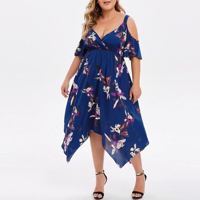 Robe à Manches Courtes pour Femmes Grande Taille Mode Femmes Sexy Imprimé Floral Manches Courtes Col en V Robe à Bretelles en Solde