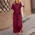 thumbnail image 2 of CHOK Femmes 2 Pièce Tenue Lin Récolte Manches Courtes Haut Salon Correspondant Ensembles et Pantalons Longs Survêtements Rose Chaud L, 2 of 5