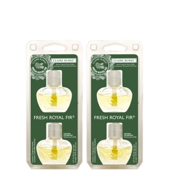 Claire Burke Recharge de Chauffe-Parfum Électrique Fresh Royal Fir - Lot de 2. Chaque Recharge Est Offerte dans une Bouteille en Verre de 21 ml, Offrant un Mélange de Parfum Frais et Net d'Aiguilles de Sapin, de Pommes de Pin et de l'Essence d'Une Forêt Enneigée. Conçue pour Éliminer les Odeurs et Garder les Espaces Frais pendant 30-60 Jours. Emballée dans un Boîtier Vert et transparent avec une Image de Marque visible. Fabriquée au Portugal et Non Testée sur les Animaux.