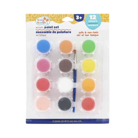 TINY HANDS Acrylic Paint Set, 12 colours, Non Toxic, 6 mL (0.2 oz) each, Age 3+, Kids, Crafts, Primary