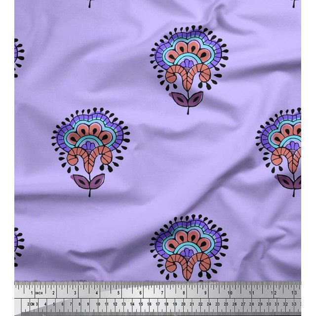 Soimoi Poly Georgette Fabric Leaves & Floral Block Printed Fabric 1 Yard 42 Inch Wide