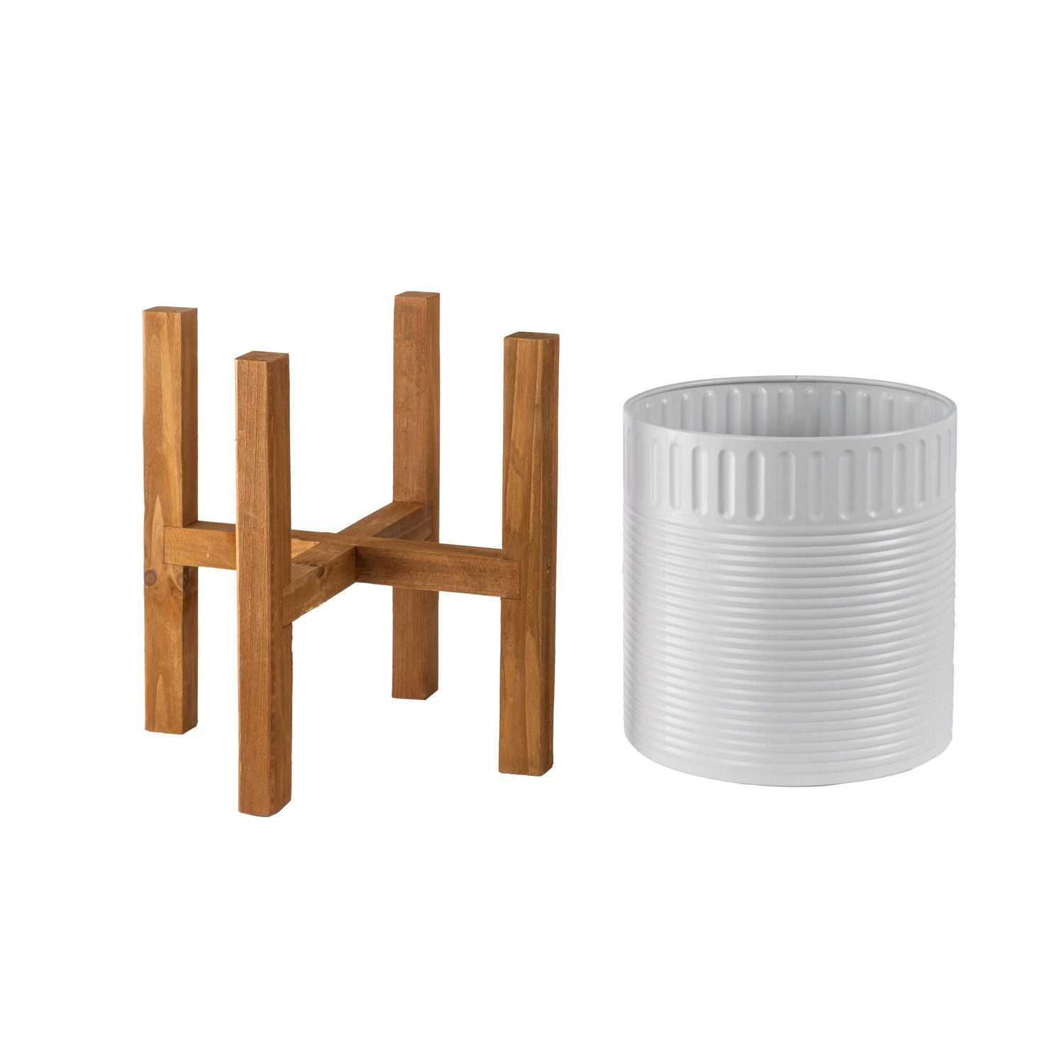 Mainstays Indoor Metal White Round Planters with Wood Stand 14.2"H