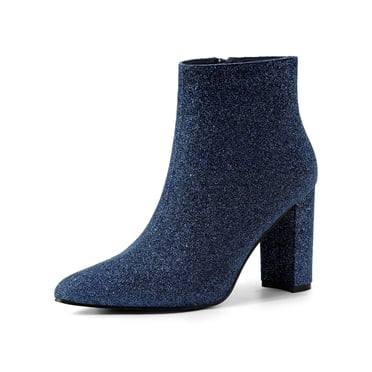 Unique Bargains Women's Glitter Pointed Toe Block Heeled Ankle Chelsea Boots