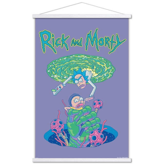 Rick And Morty - Portal Fall Wall Poster, 22.375" x 34", depicting Rick holding a portal gun emerging from a green swirling portal above Morty, who is caught in a large green alien hand surrounded by pink tentacle-like orbs, set on a purple background. This glossy, lightweight wall art print includes adhesive mounts for easy hanging, suitable for bedrooms, offices, or dorm décor.