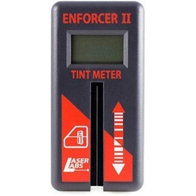 Laser Labs Enforcer II - TM1000 Tint Meter with Case, a compact handheld device with a digital display and a slot for sample insertion. Features a multicolour design with red and black accents, including the Laser Labs logo and directional markings. Measures tint levels with a wavelength of 550 nanometers and accuracy of 2 percentage points. Suitable for professional use, including law enforcement, and traceable to NIST standards. Includes a carrying case and battery.