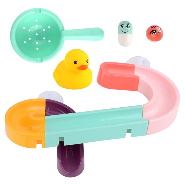Bath Toy Creative Track-assemble Funny Bathtub Toy Splash Water Toy for Kids with multicolor plastic pieces including pastel curved tracks, a yellow rubber duck, and capsule-shaped characters. An interactive bath toy suitable for bathtub, pool, or garden water play.