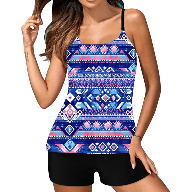 UPPADA Womens 2 Piece Tankinis Swimsuit Floral Print Tank Swim Top with Bottom Spaghetti Straps 2pc Tummy Control Bathing Suits Modest Swimwear 2 Piece Beach Sets for Women Multicolor,M