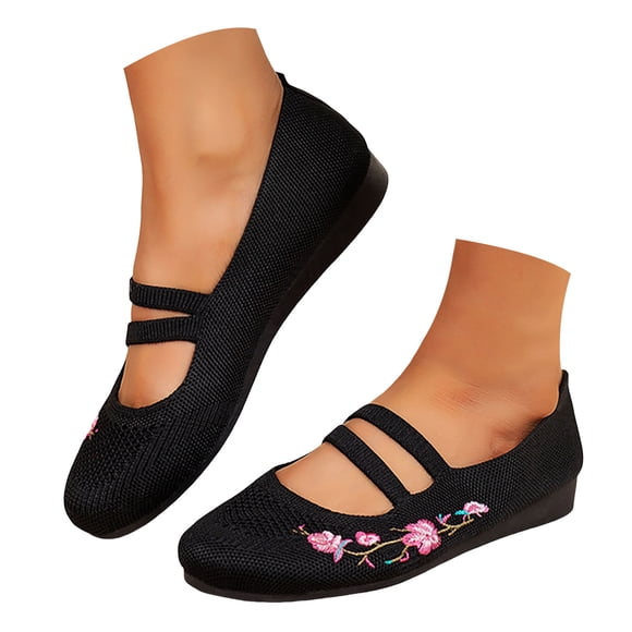 Dakaela Women's Wide Toe Flats Knit Mary Jane Ballet Flat Shoes Low Wedge Walking Dressy Slip on Loafers