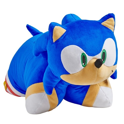 Pillow Pets Sonic Stuffed Animal Plush, 16-inch, featuring Sonic the Hedgehog in his iconic blue design with green eyes and tan accents. This stuffed animal transforms into a cozy pillow, made from soft polyester, ideal for cuddling, travel, or room decor. Officially licensed and perfect for fans of all ages.