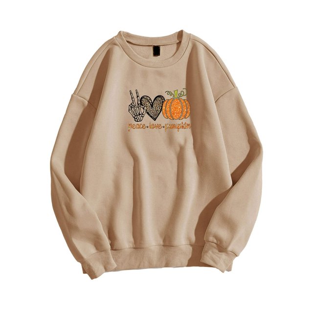 Womens Pullover Sweatshirts Halloween Skeleton Heart Pumpkin Print Oversized Pullover Tops