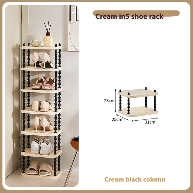 EGNMCR Shoe Rack, a compact and multi-layer space-saving shoe rack made of durable plastic with a cream finish and black column accents. The rack features five tiers for storing various shoe types, including men's, women's, and children's shoes. Ideal for household entrances, dormitories, or closets, it measures 31cm wide, 25cm deep, and 23cm tall per tier. Includes ventilation and drainage for shoes. Easy to assemble without tools, offering a modern storage solution.