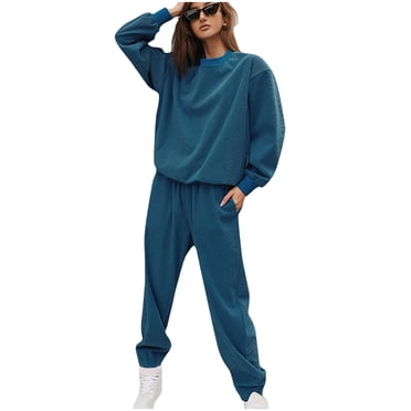 IROINNID Tracksuit For Women 2 Pieces Set Reduced Long-sleeved Round Neck Color Add Temperament Drawstring Pants Suit Jogging Suit,Blue