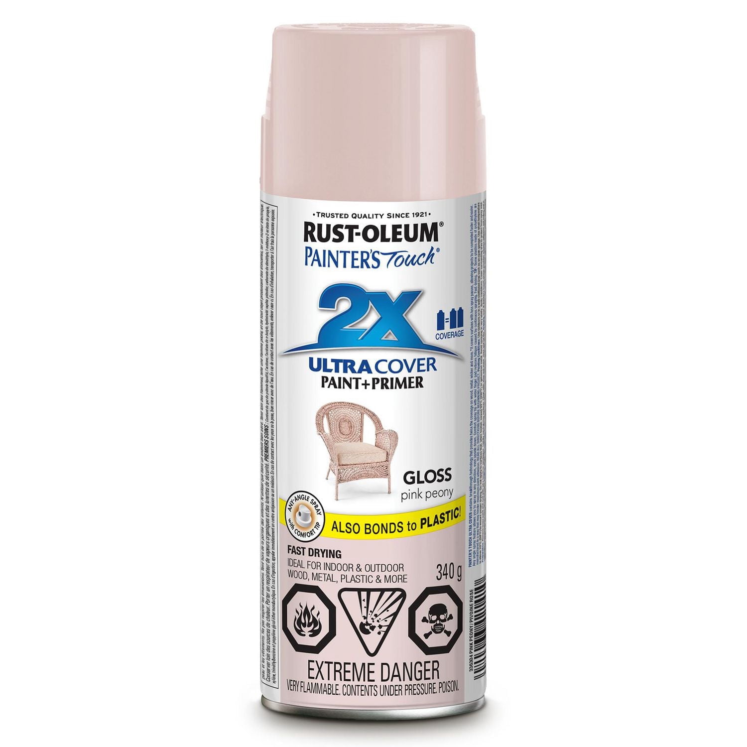 Peinture et apprêt polyvalents Rust-Oleum Painter's Touch 2X Ultra Cover en rose pivoine brillant, peinture en aérosol de 340g