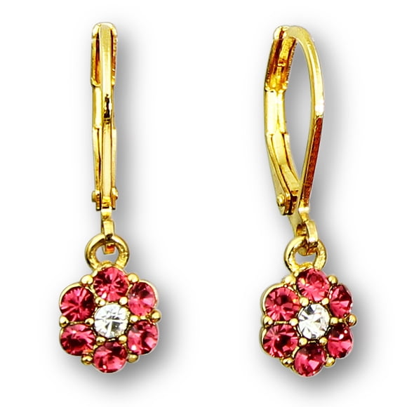 Girls Crystal Flower Hoop Earrings For Kids | Gold Plated Leverback Earrings For Little Girls | Little Girl Earrings | Hypoallergenic Kids Earrings Set For Girls