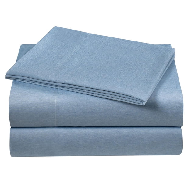Mainstays Kids Printed Easy Wash Soft-Microfiber Sheet Set in blue, folded showing flat sheet, deep pocket fitted sheet for mattresses up to 14 inches, and pillowcases made of durable, wrinkle-resistant 100% polyester microfiber, suitable for kids' bedding and easy machine washing.
