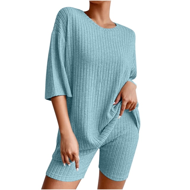 Mikilon Pyjama Décontracté pour Femmes, Ensemble de Sommeil d'Été, Confortable, Version Ample, Col Rond, Ensemble Deux Pièces, Manches Courtes, Blouse/chemise à Col Rond, Bleu, TP