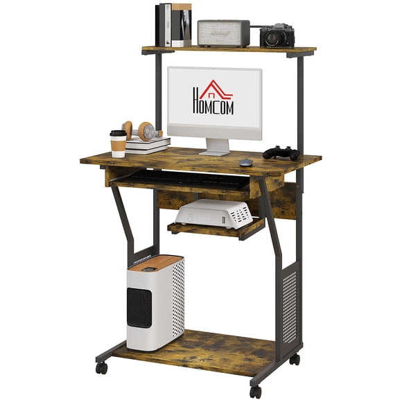 CoSoTower 32" Mobile Computer Table, Rolling Study Desk for Home Office with Keyboard Tray, Storage Shelves, Wheels, Rustic Brown