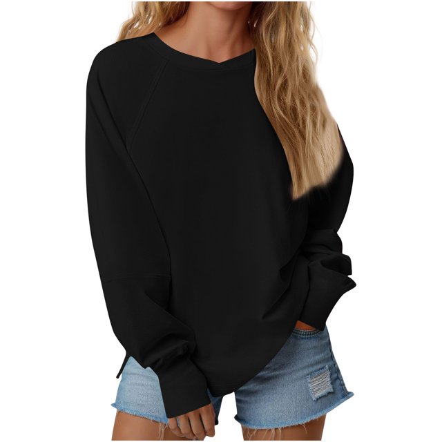 Tumotour Chandails à Col Rond pour Femmes, Coupe Ample, Uni, Manches Longues, Chandail Doux à Col Rond, Chandails à Capuchon, Mode, Chemisier Léger, Hauts, Vêtements, Confortable, Tenues d'Automne et d'Hiver, Hauts