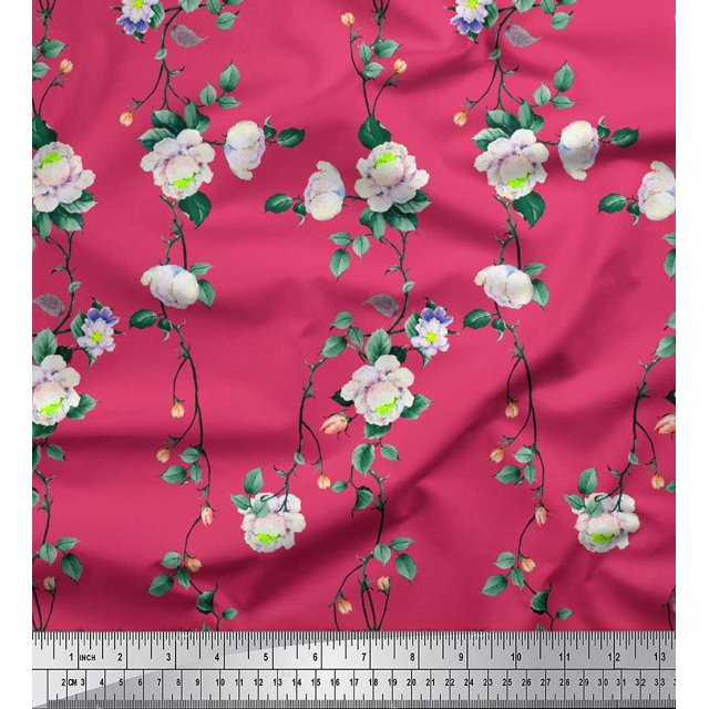 Soimoi Poly Georgette Fabric Leaves & Peony Floral Decor Fabric Printed Yard 52 Inch Wide