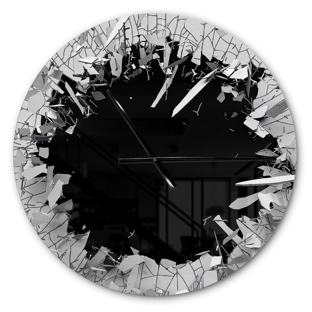Designart « Abstract Broken Wall 3D Design » Horloge Murale Moderne avec un Centre Rond Noir Lustré Réfléchissant et un Motif de Mur Brisé 3D Blanc et Gris Fissuré sur un Cadre en Aluminium Massif, avec de Fines Aiguilles Noires, Prête à Accrocher avec Pile Incluse, Idéale pour la Déco de la Maison Ou du Bureau.