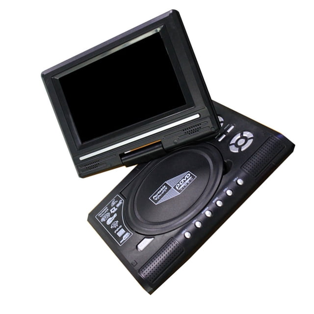 Juguse Lecteur DVD portable au design compact avec Écran Pliable et Boutons de Commande Intégrés. Ce mini Lecteur DVD rechargeable Fait Aussi Office de Lecteur Vidéo portable, Idéal pour le Divertissement en Déplacement. l'Unité Noire Comprend des Haut-Parleurs Intégrés et une interface Élégante et Conviviale.