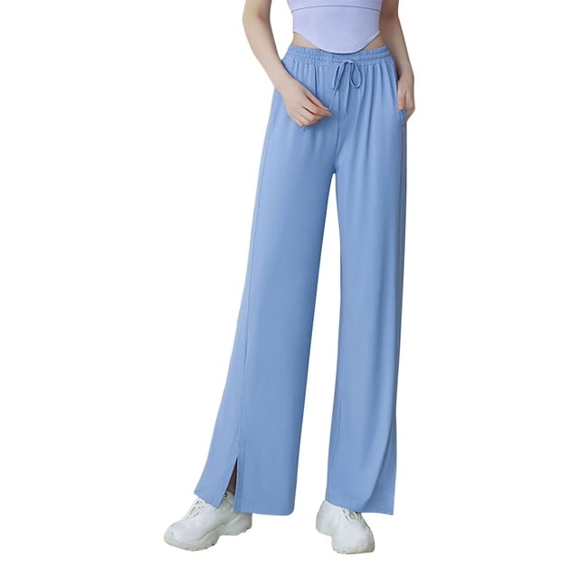 Floleo Womens Airy High Waisted Sun Protection Pants Slit Detail Linen Like Wide Leg Trousers(Blue,L)