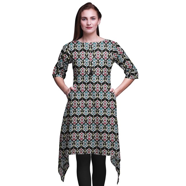 Bimba Kurti Asymétrique Noire à Imprimé Damassé Ikat pour Femmes, Robe d'Été Indienne Tunique, Moyen