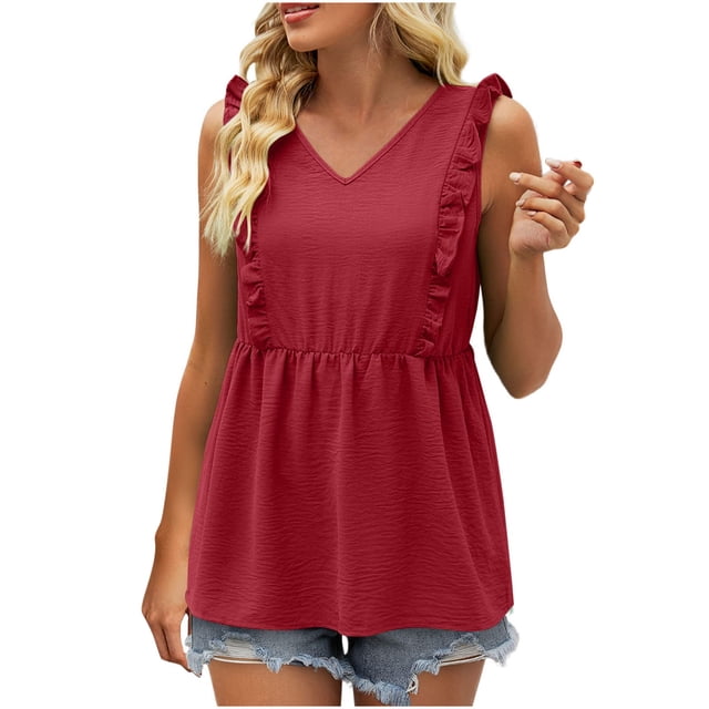 Timegard Tank Tops for Women Ruffle Sleeveless V Neck Tunic Tops Casual Summer Fashion Solid Color