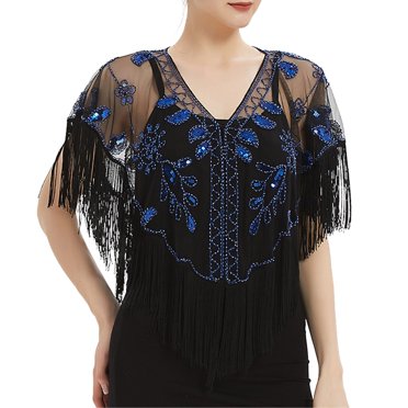 GDREDA Women Fashionable Mesh Sequined Tassel Gown Shawl Elegant Beaded Smock Cape for and Evening Events D,One Size