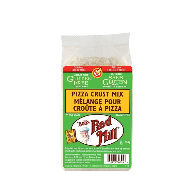 Bob's Red Mill Mélange pour Croûte de Pizza Sans Gluten 453 g avec Étiquette Verte et Jaune, Sans Gluten, Sans Produits Laitiers, Mélange de Grains Entiers Qui Cuit jusqu'à Deux Croûtes de Pizza de 12 Pouces, avec Texte Bilingue Anglais et Français pour une Cuisson Sans Gluten.