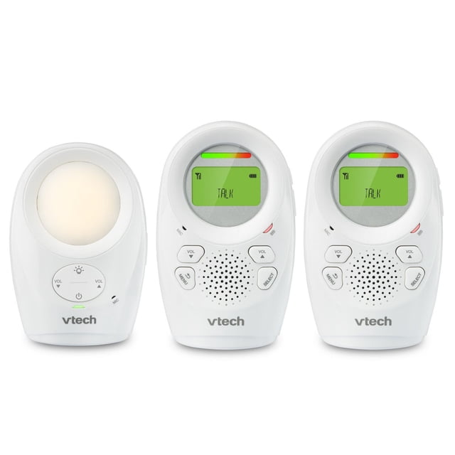 VTech DM1211-2 2 Parent Unit Enhanced Range Digital Audio Monitor with one baby unit featuring a soft night light and two white parent units with backlit green LCD screens displaying 'TALK', volume and menu buttons, speaker grills, and VTech branding on a white background.