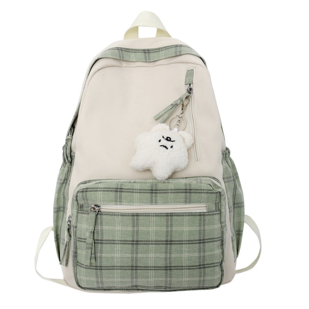 Cute Backpack Book Bag School Bag Casual Backpack Travel Backpack Cute Plaid Backpack With Plush Pendant Lightweight Large Capacity Student Book Bag School Bag Casual Daypack For