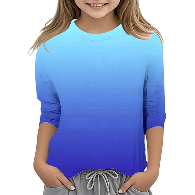 WEIYLL T-Shirts pour Filles Dégradé Imprimé Polyvalent Col Rond Manches 3/4 Décontracté Enfant Tee Tops pour 7-8 Ans